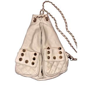 Street Level Faux Leather Backpack With Quilted Studded Pockets - Ivory
